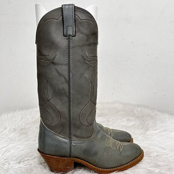 ACME Made in USA Gray Leather Western Cowboy Work Tall Rider Boots Men's 6.5 D - Picture 2 of 9